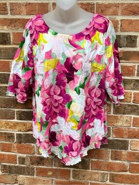 Soft Surroundings %100 Cotton Ruffle Edge Bright Floral Shirt. Woman’s Size Med